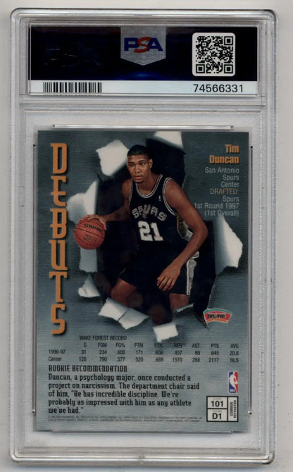 Tim Duncan basketball card from 1997-98 Finest Refractor series in PSA 9 Mint condition