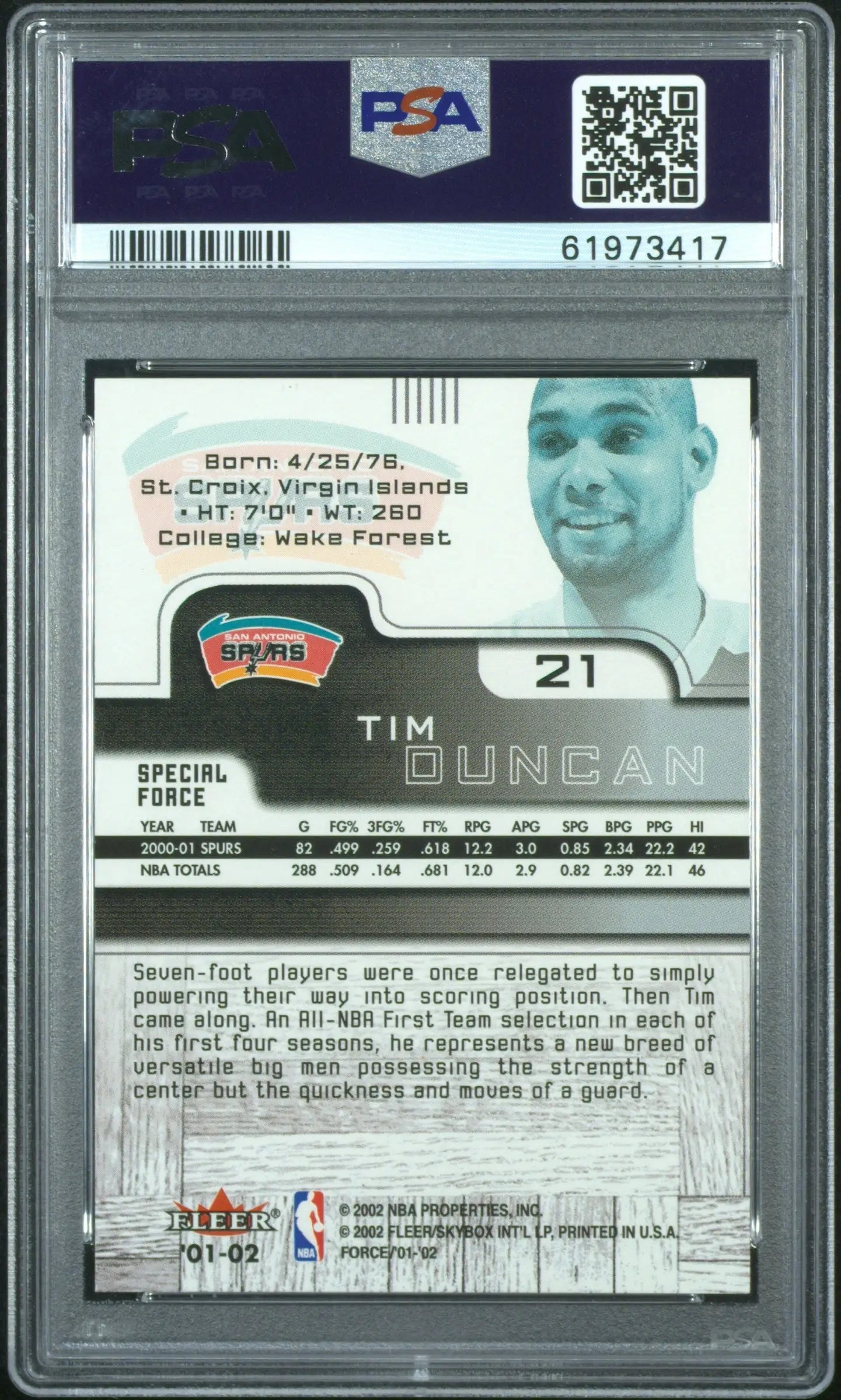 Tim Duncan Fleer Force Special Forces 2001 PSA 10 Gem Mint card in slab