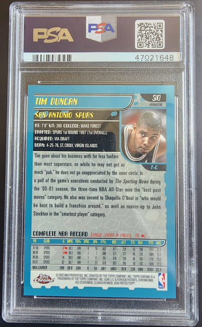 PSA 9 Mint Tim Duncan 2001 Topps Chrome #30 Refractor card in protective case