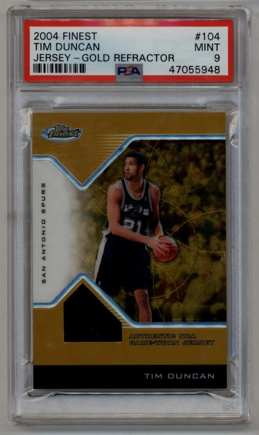 Tim Duncan 2004 Finest Gold Refractor basketball card with jersey, PSA 9 Mint