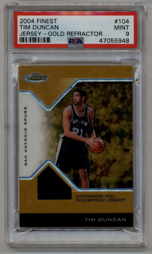 Tim Duncan 2004 Finest Gold Refractor basketball card with jersey, PSA 9 Mint