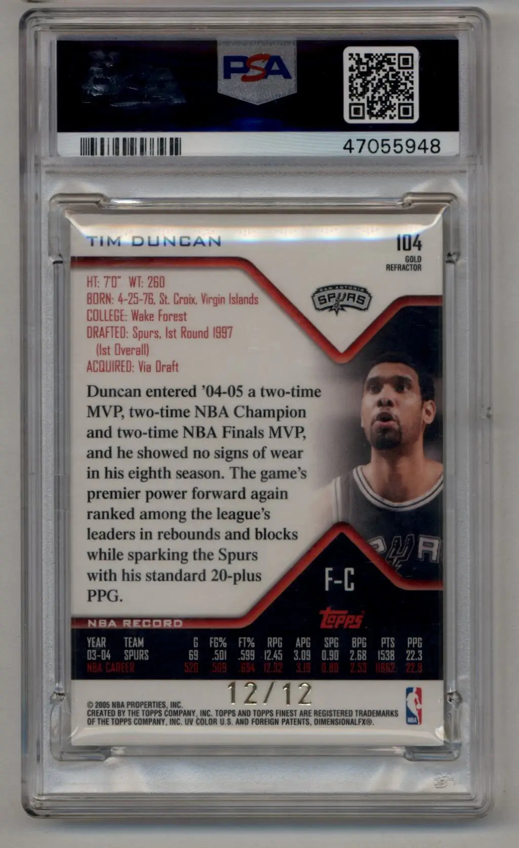 PSA-graded Tim Duncan Tim Duncan 2004-05 Finest Gold Refractor Jersey card