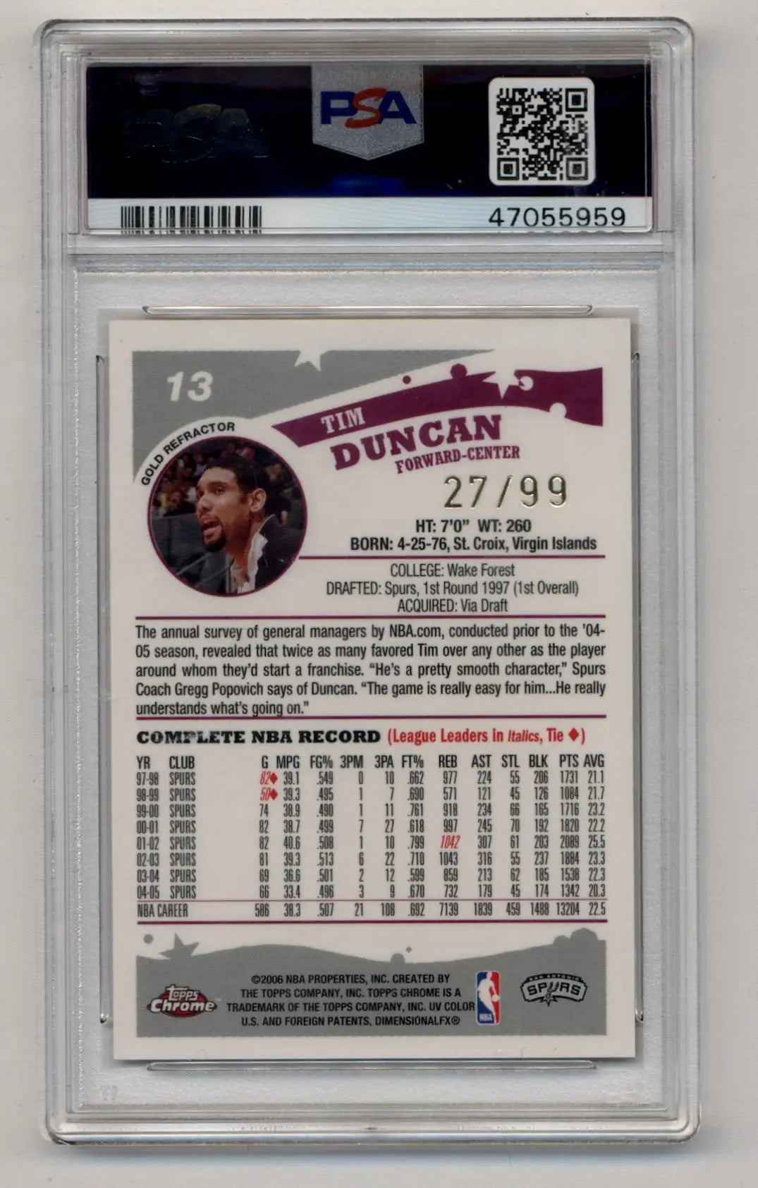 Tim Duncan 2005-06 Topps Chrome Gold Refractor #13 27/99 PSA 9 Mint - Singles
