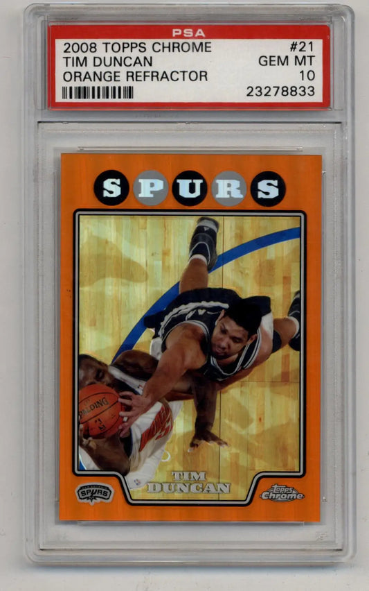 PSA-graded Tim Duncan 2008-09 Topps Chrome Orange Refractor card in protective case