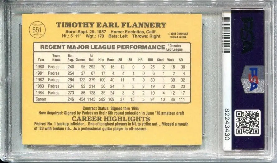 Tim Flannery 1985 Donruss trading card signed auto PSA/DNA San Diego Padres