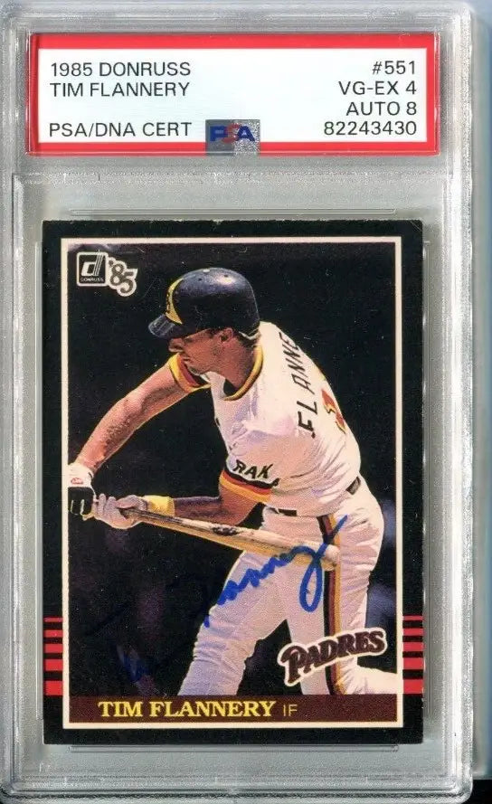 Graded Tim Flannery 1985 Donruss trading card with PSA/DNA certification and signature