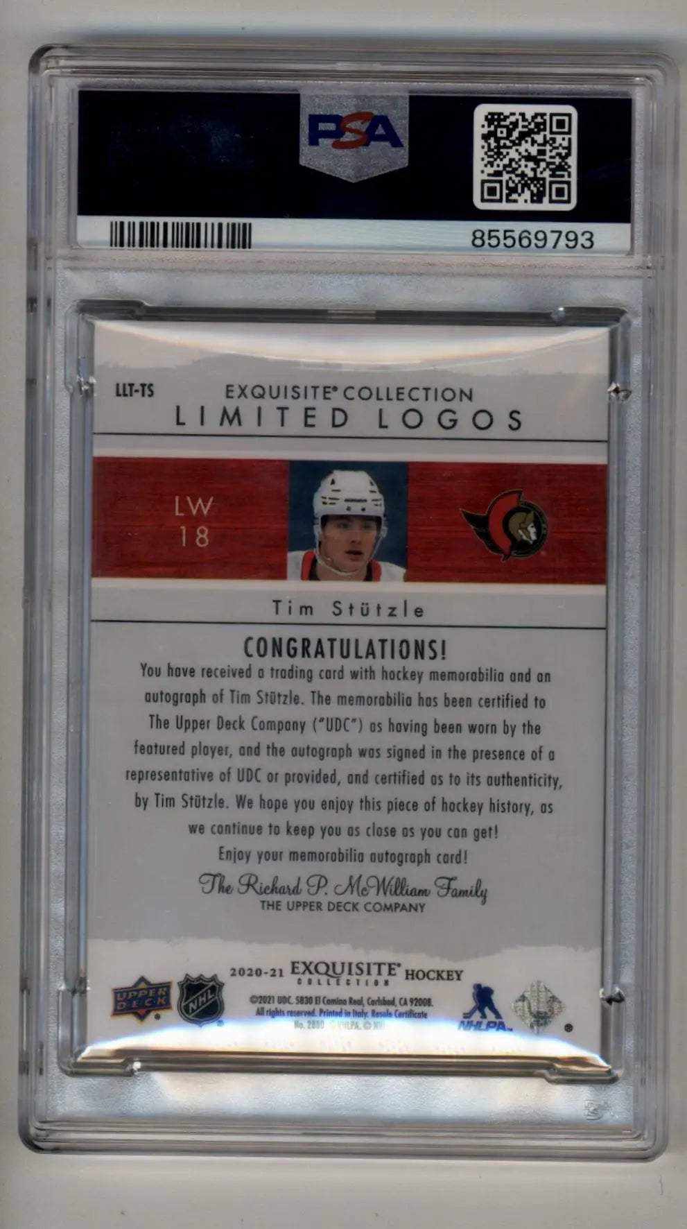 Tim Stutzle 2020-21 The Cup Exquisite Collection Limited Logos 44/50 PSA 9 Mint - Singles