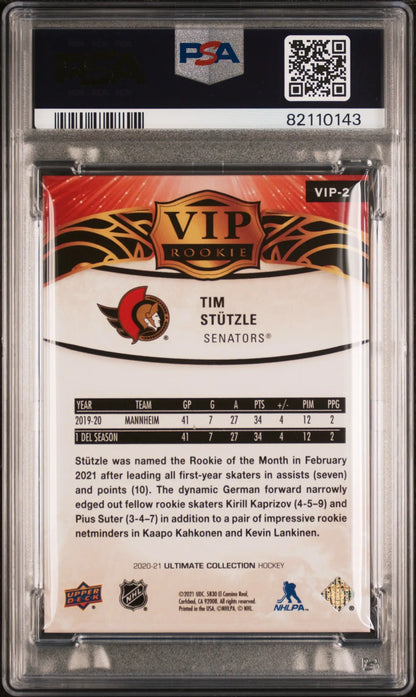 PSA-graded Tim Stutzle 2020 Upper Deck Ultimate VIP trading card with flames design