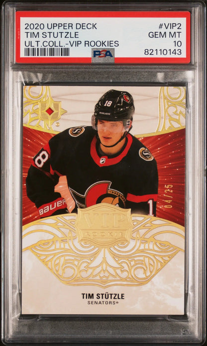 PSA-graded Tim Stutzle 2020 Upper Deck Ultimate VIP hockey card, Calgary Flames player