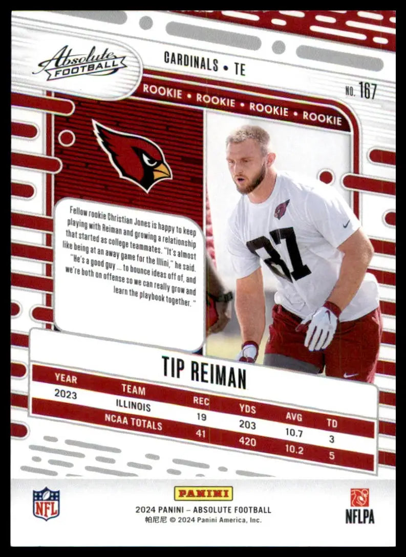 Tip Reiman football card from Panini Absolute 2024 Rookie series for Arizona Cardinals