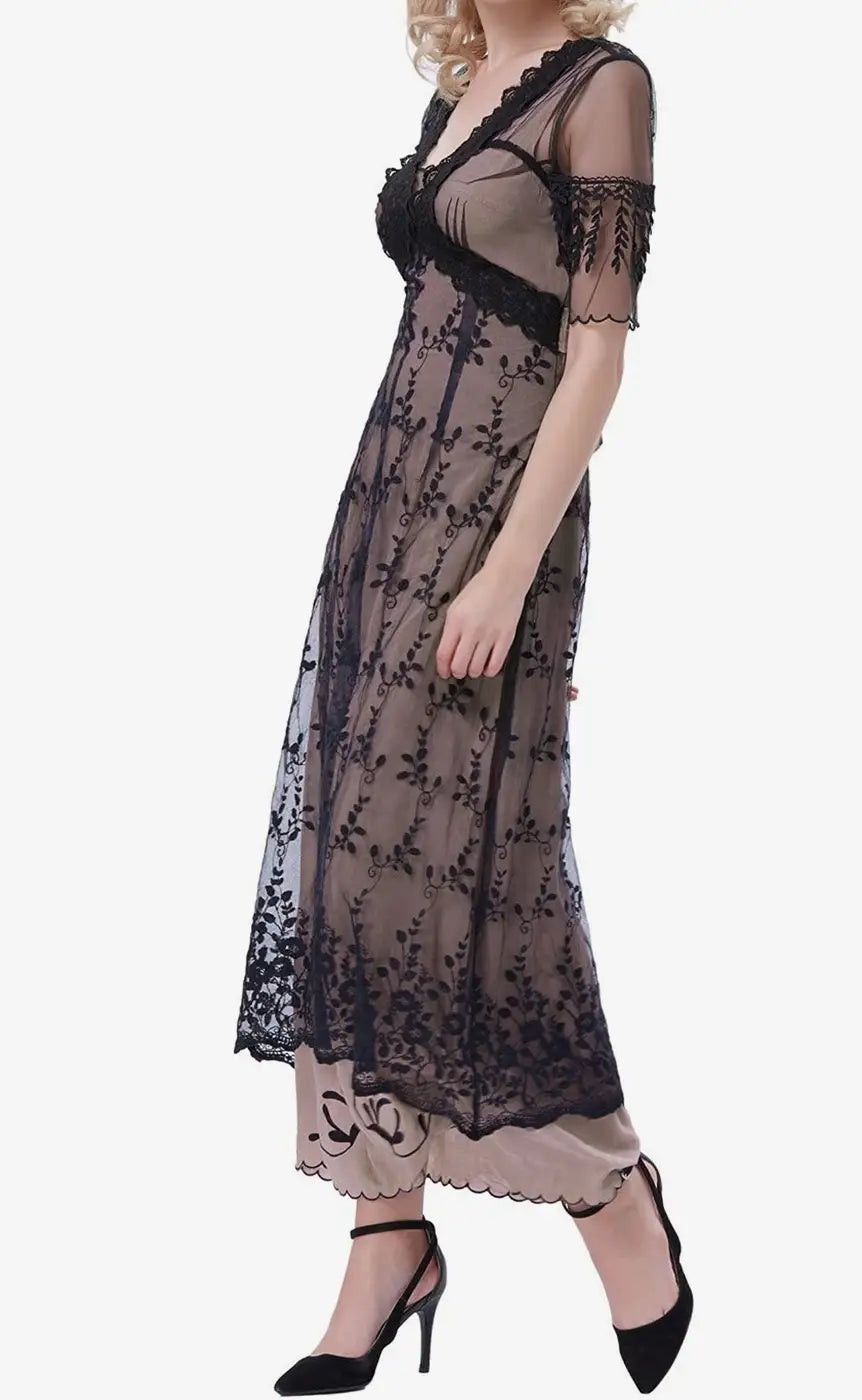 Women’s black mesh lace overlay long dress with sheer sleeves and nude lining, size small