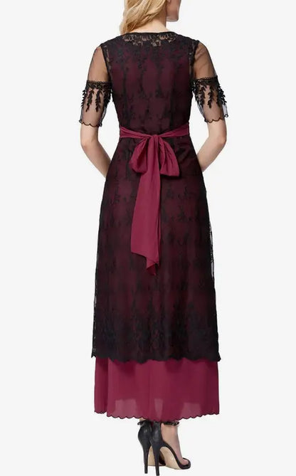 Women’s black lace and burgundy maxi dress with tie-waist, size small, black mesh details