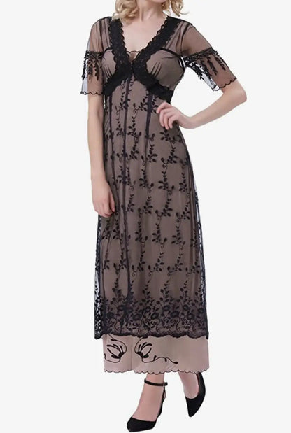 Black mesh lace maxi dress with nude slip and short sleeves, size small, Titanic Day Dress