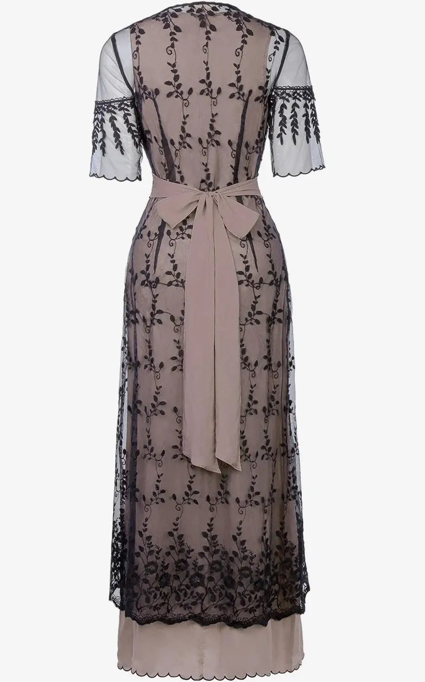 Black mesh sheer lace maxi dress with nude slip and sash in size small for elegant style