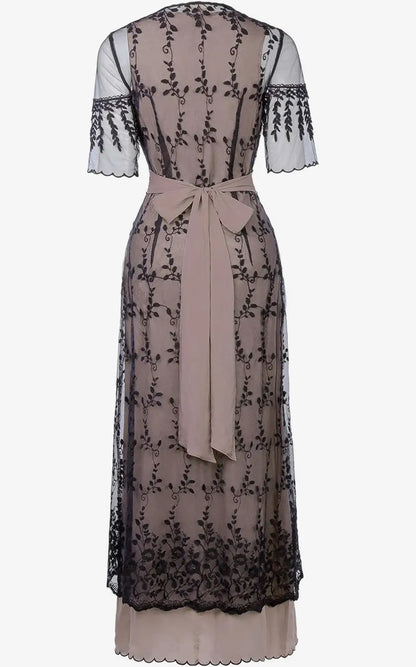 Black mesh sheer lace maxi dress with nude slip and sash in size small for elegant style