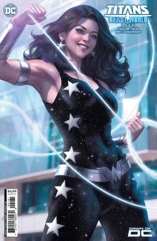 Comic book cover of Titans Beast World #1 featuring a superhero in star-patterned costume