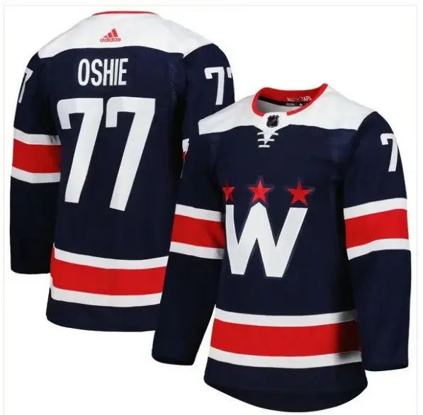 Oshie Washington Capitals navy blue adidas jersey with white and red stripes
