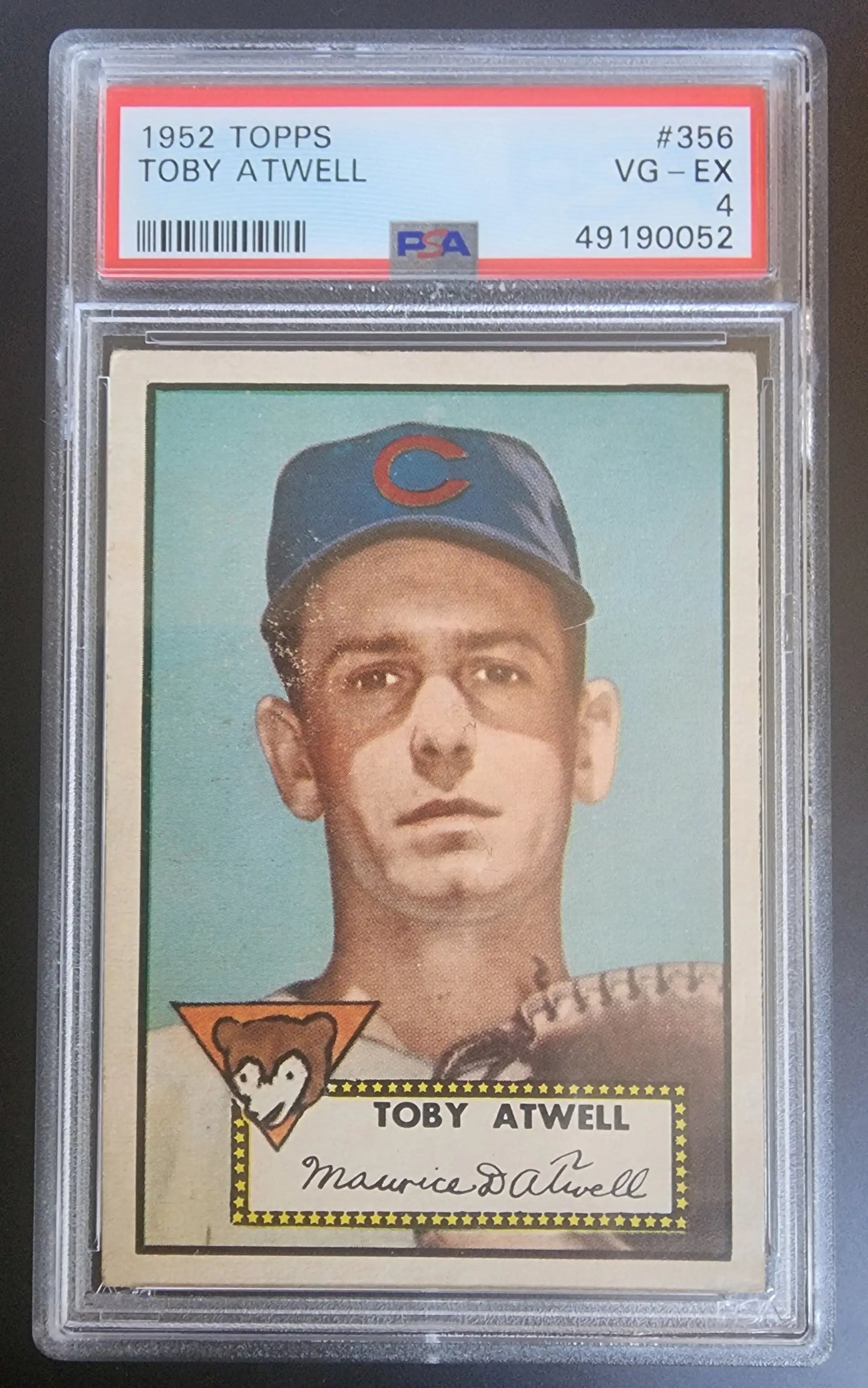 PSA-graded Toby Atwell 1952 Topps #356 baseball card featuring Cleveland Indians player