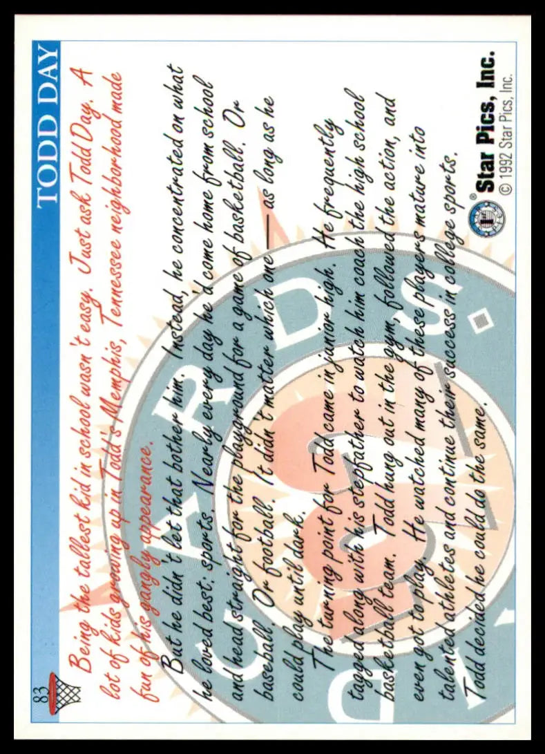 Basketball card back of Todd Day from 1992 Star Pics series featuring detailed stats