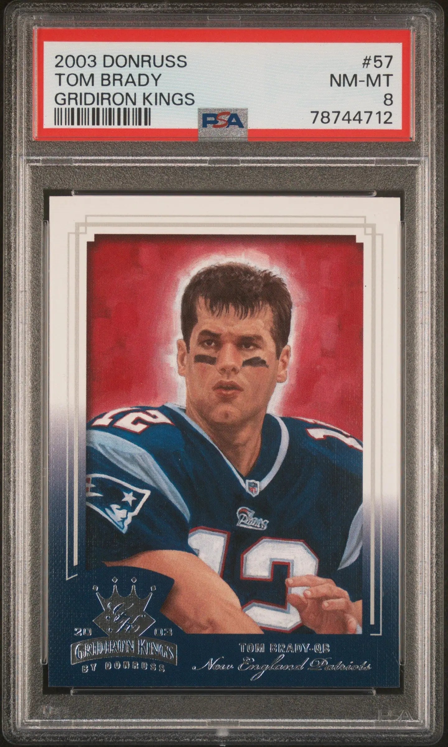 Tom Brady football card in protective case, Donruss Gridiron Kings, Columbia Hobby