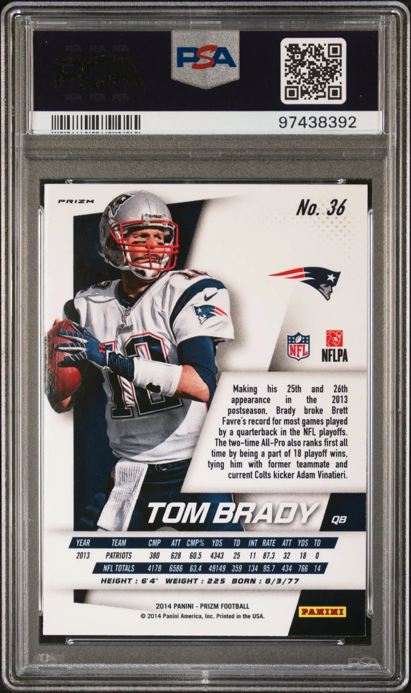 PSA-graded Tom Brady 2014 Panini Prizm #36 Silver Prizm PSA 10 Gem Mint trading card