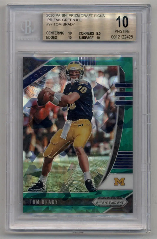 Graded BGS 10 Tom Brady 2020 Prizm Draft Picks Green Ice football card in navy gold uniform