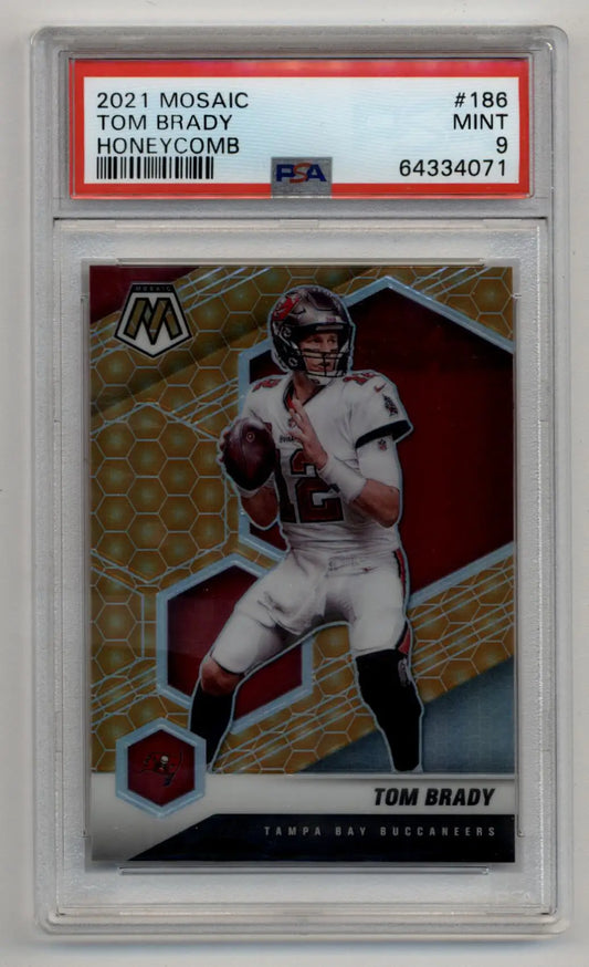 Tom Brady 2021 Mosaic #186 Honeycomb PSA 9 Mint in a protective case for trading cards