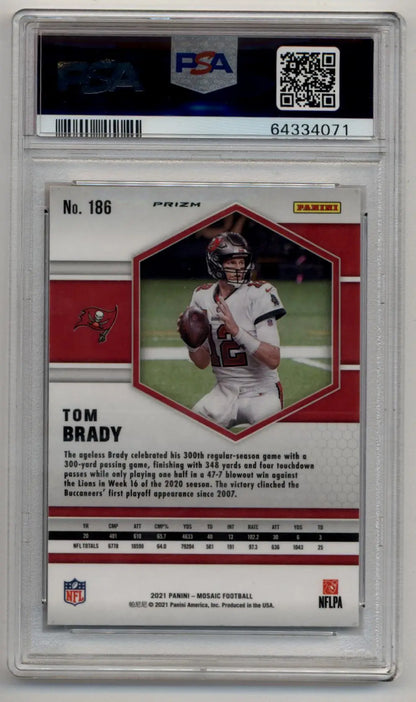PSA-graded Tom Brady trading card in white uniform, Honeycomb PSA 9 Mint condition