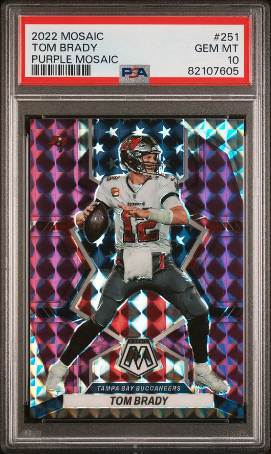 PSA-graded Tom Brady 2022 Panini Mosaic Purple #251 card in protective case