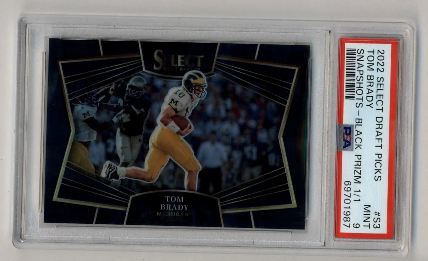 Tom Brady 2022 Select Draft Picks Snapshots card showing player in yellow uniform running