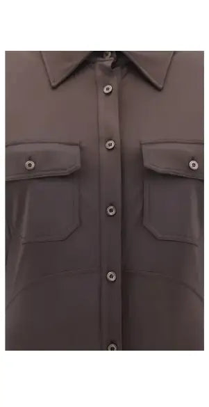 Tom Ford brown chemise dress featuring a dark brown long-sleeved button-up shirt style with chest pockets