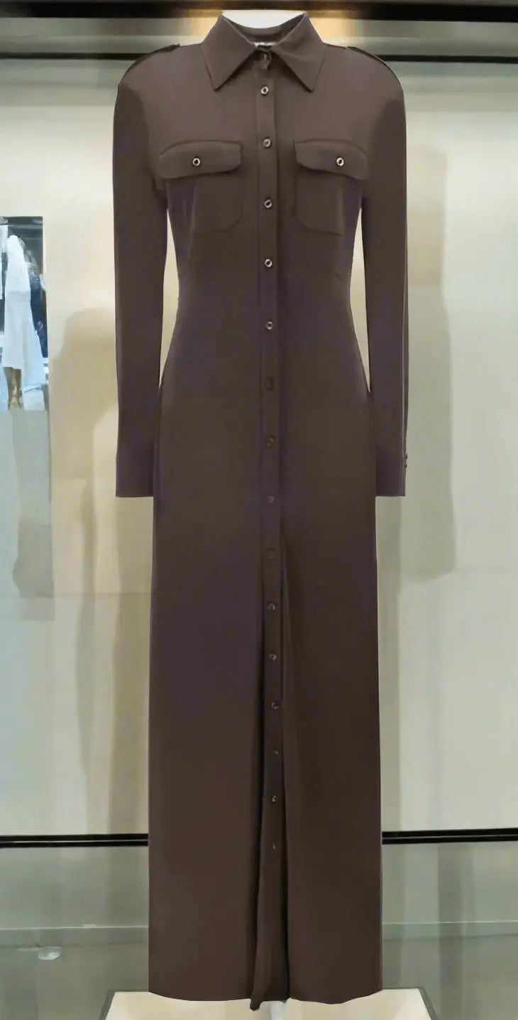 Full-length dark brown Tom Ford chemise dress with chest pockets and shoulder epaulets