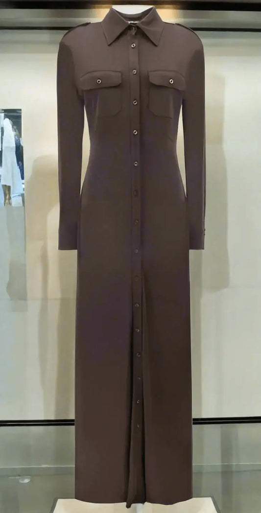Full-length dark brown Tom Ford chemise dress with chest pockets and shoulder epaulets
