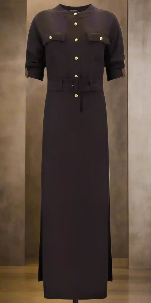 Tom Ford Chocolate Brown Long Dress with dark gray midi style and gold button details