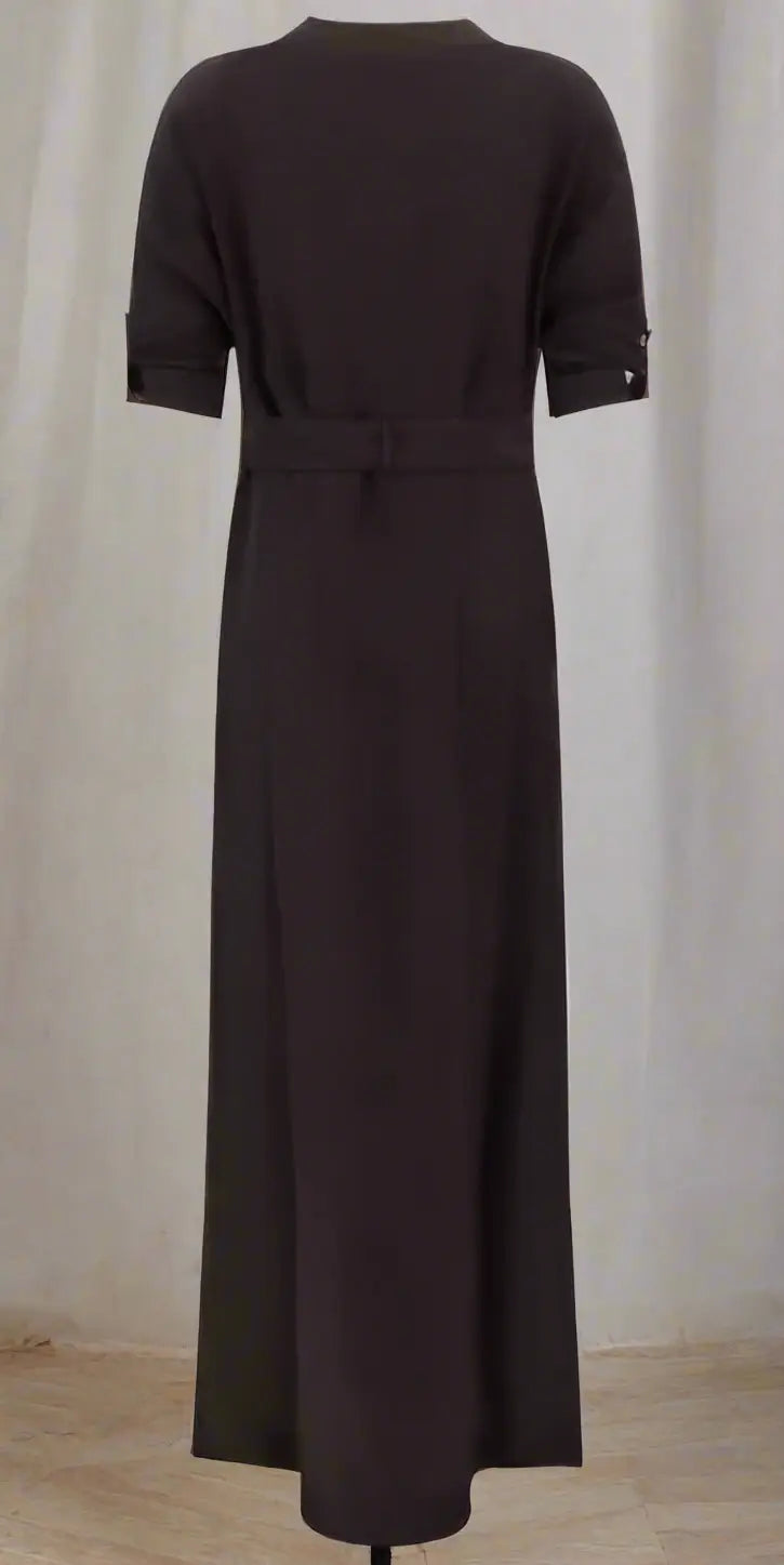 Dark brown maxi dress with short cuffed sleeves and tie waist, TOM FORD CHOCOLATE BROWN LONG DRESS