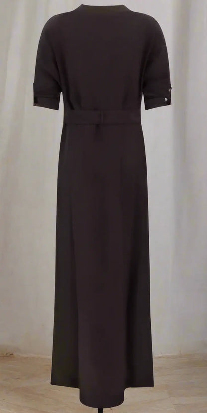 Dark brown maxi dress with short cuffed sleeves and tie waist, TOM FORD CHOCOLATE BROWN LONG DRESS
