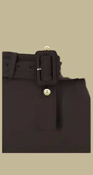 Tom Ford Chocolate Brown long dress featuring dark brown pants with wide belt and gold button