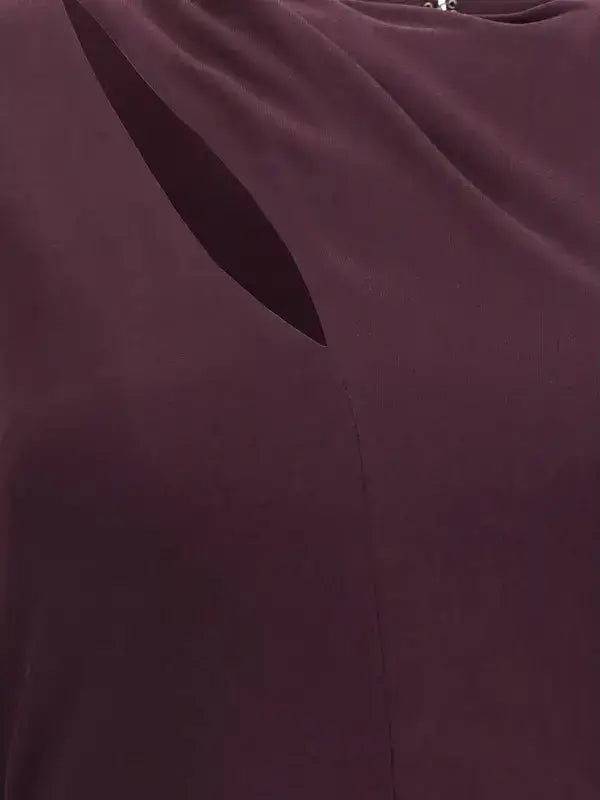 Maroon asymmetrical neckline blouse paired with TOM FORD Jersey midi dress with scarf