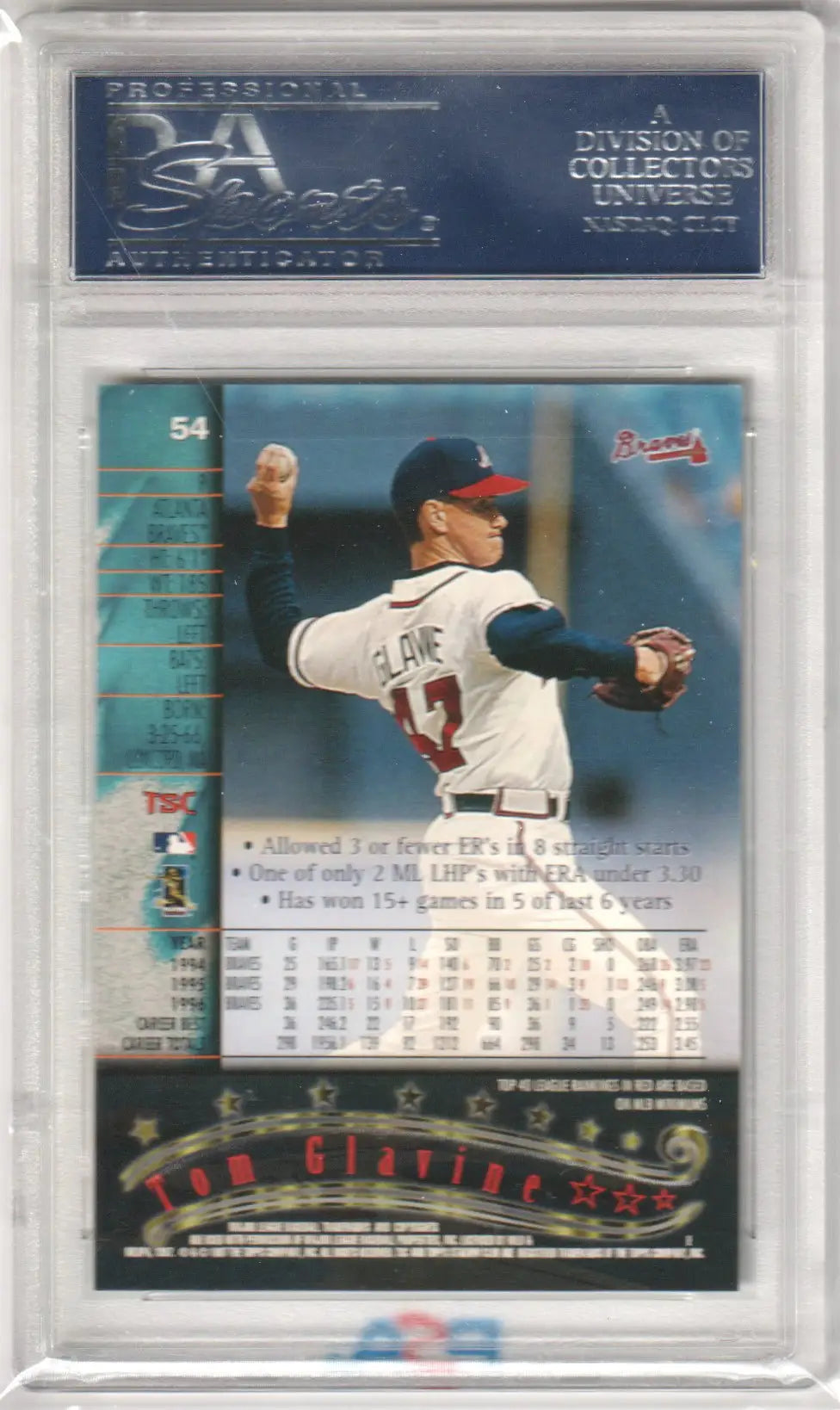 Graded Tom Glavine baseball card from Topps Stadium Club in PSA 10 GEM MINT by Columbia Hobby