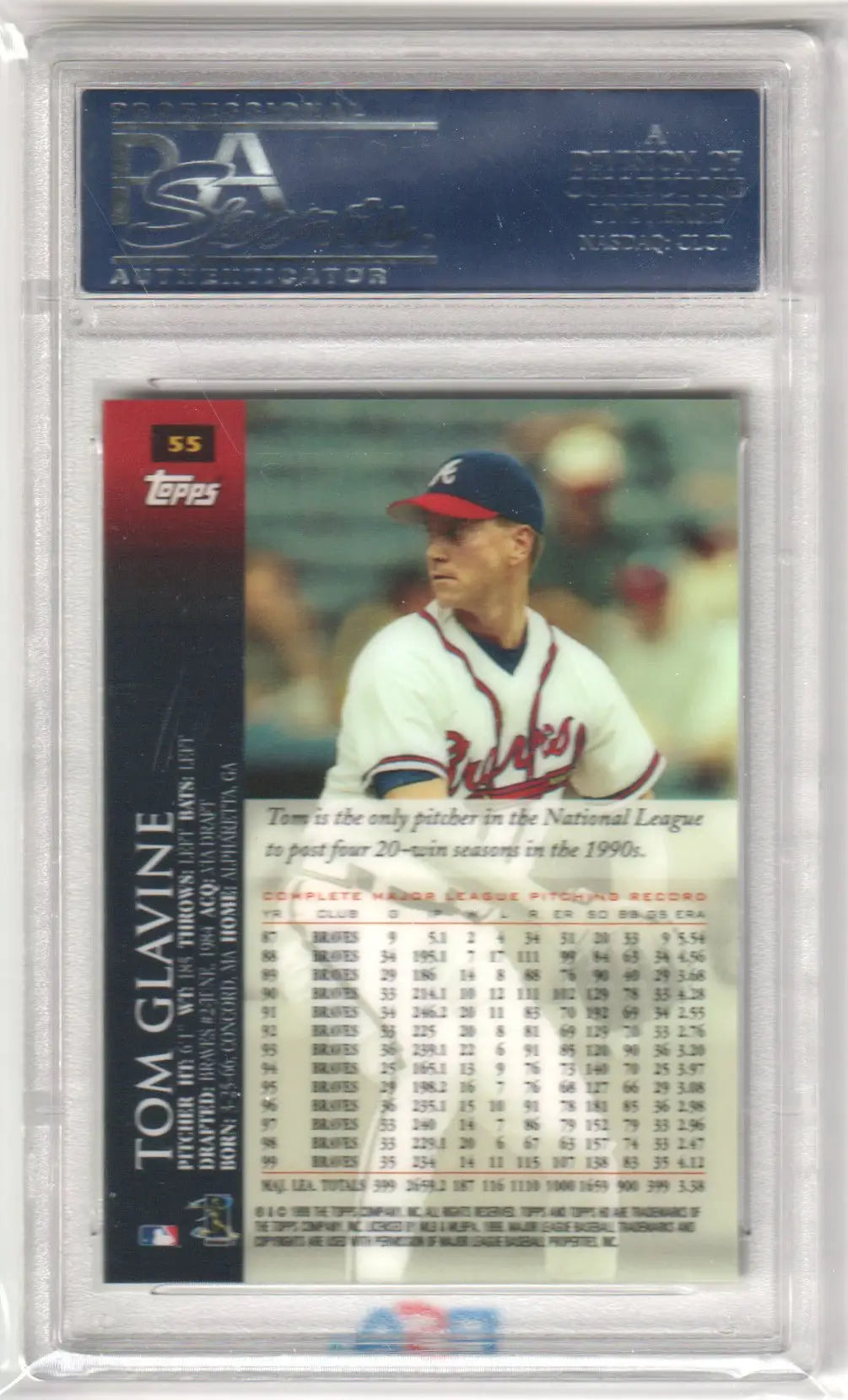 Encased Tom Glavine baseball card from 2000 Topps HD Gem Mint PSA 10 at Columbia Hobby