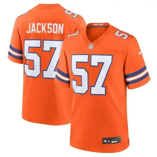 Orange Denver Broncos football jersey with 57 and Jackson printed on it