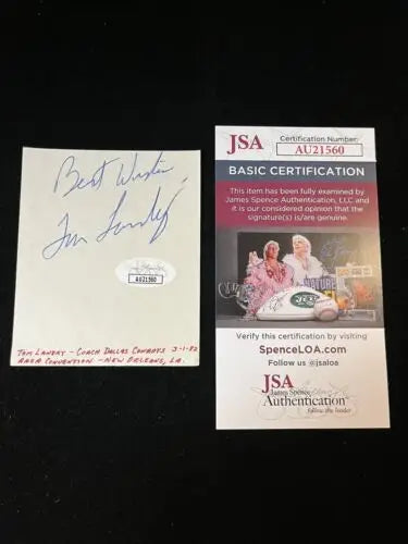 Autographed Tom Landry memorabilia with JSA certification for Dallas Cowboys fans