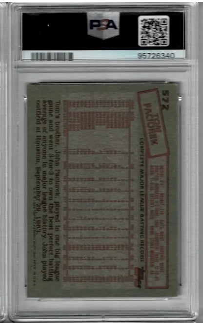 Vintage Tom Paciorek baseball card with stats and autograph from White Sox 1985 Topps