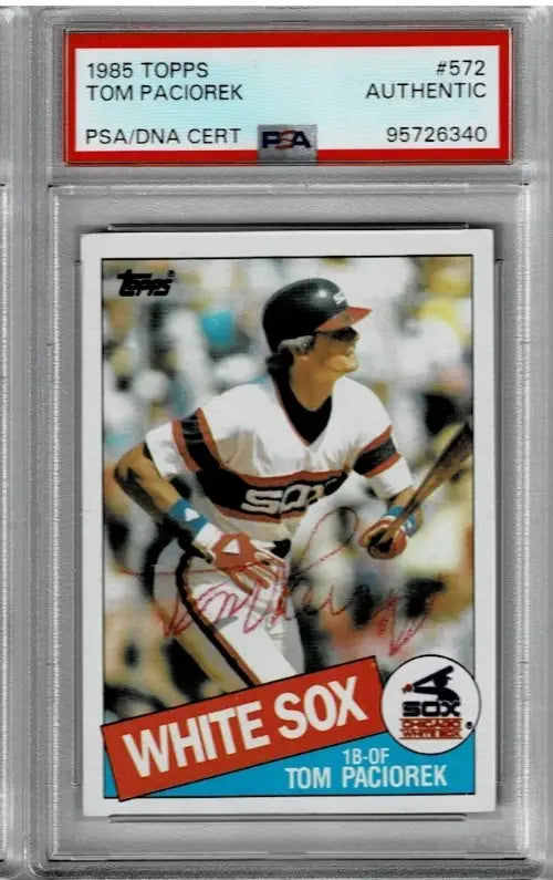 A graded 1985 Topps Tom Paciorek White Sox baseball card with autograph PSA DNA