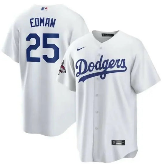 White Dodgers baseball jersey featuring Tommy Edman for the 2024 World Series Champions
