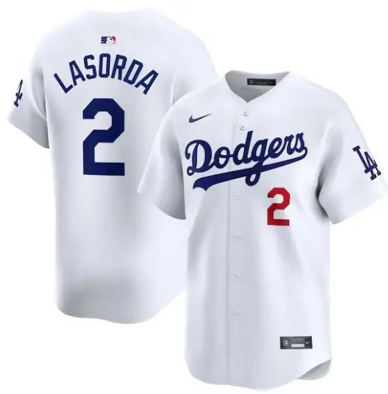 White Dodgers baseball jersey featuring Nike and Tommy Lasorda branding