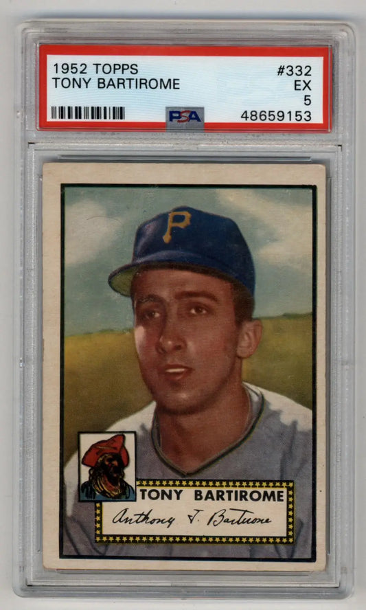 PSA-graded Tony Bartirome 1952 Topps #332 baseball card in protective case