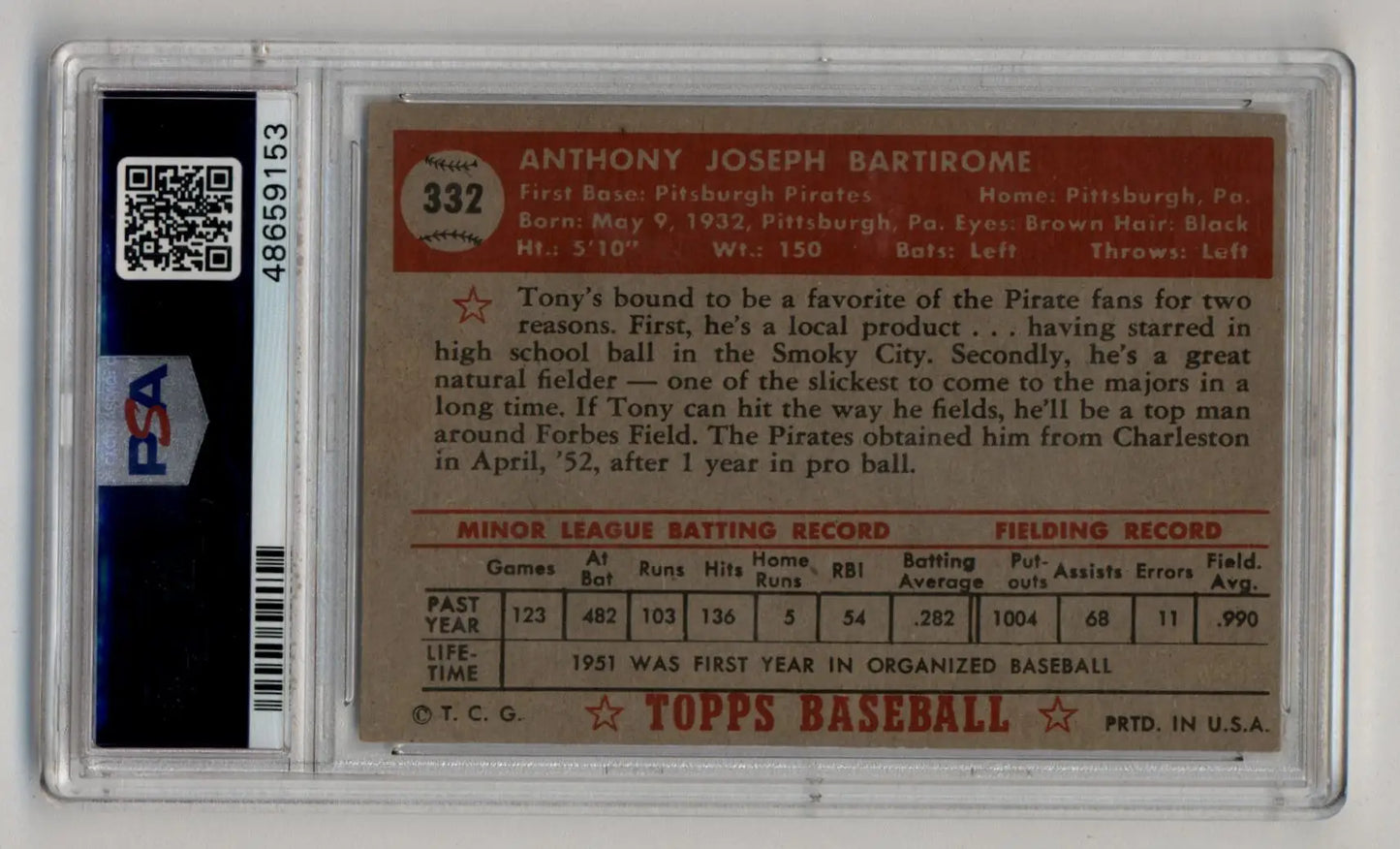 Vintage Tony Bartirome 1952 Topps baseball card in protective holder with QR code label