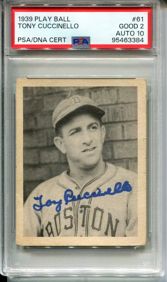 1939 Play Ball Tony Cuccinello trading card with auto, graded PSA 2, Boston Bees GUM Inc
