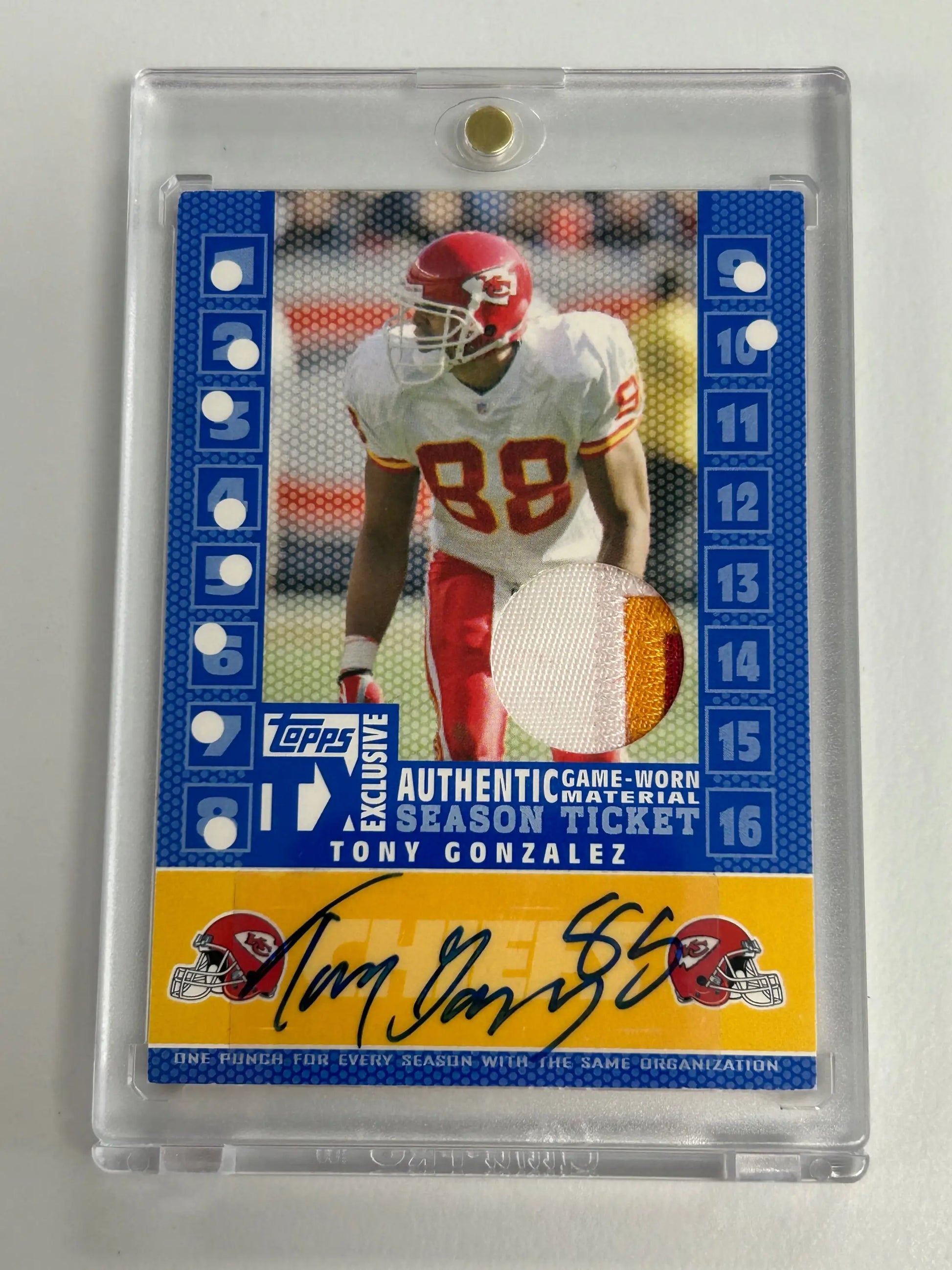 Tony Gonzalez 2007 Topps TX Exclusives Patch Auto trading card with blue border and autograph